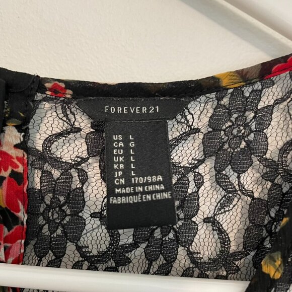 FOREVER 21 Black Red Floral / Sheer Black Lace Back Mini Fit Flare Dress NO BELT - Picture 6 of 16